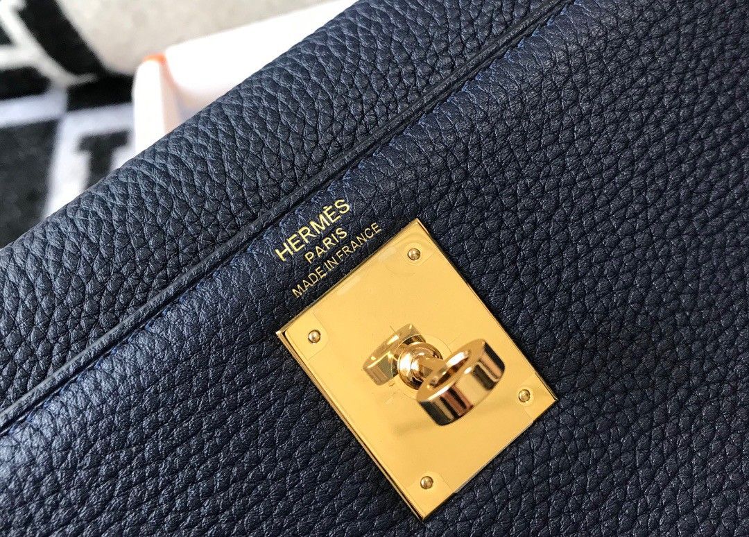 Hermes Kelly 28cm Retourne Bag in Dark Blue Clemence Leather GHW