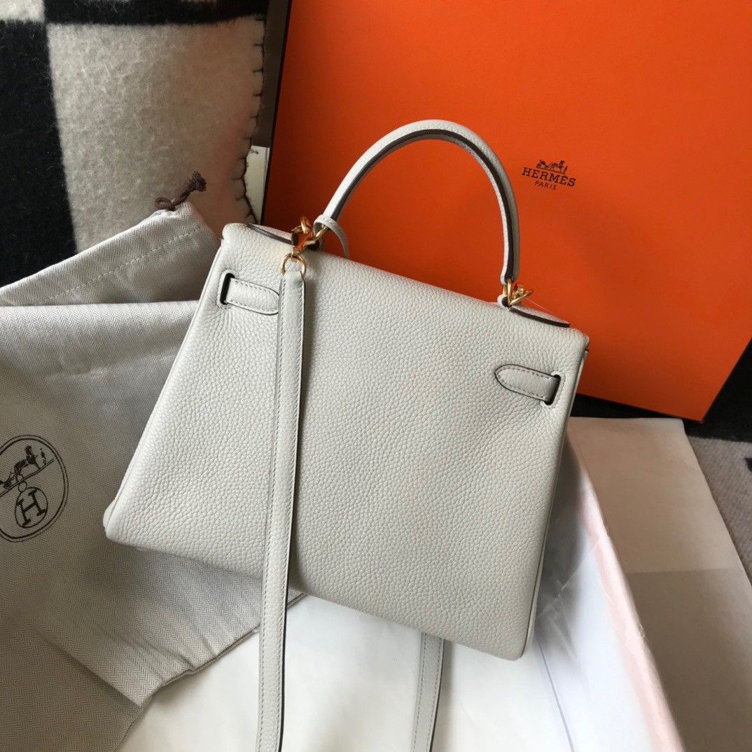 Hermes Kelly 28cm Retourne Bag in Pearl Grey Clemence Leather GHW