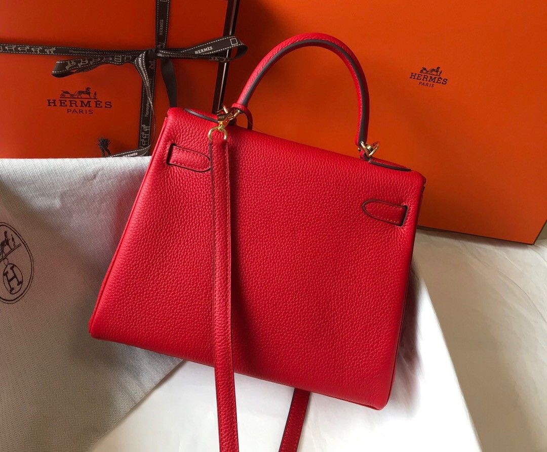 Hermes Kelly 28cm Retourne Bag in Red Clemence Leather GHW