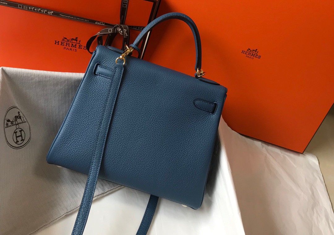 Hermes Kelly 32cm Retourne Bag in Blue Agate Clemence Leather GHW