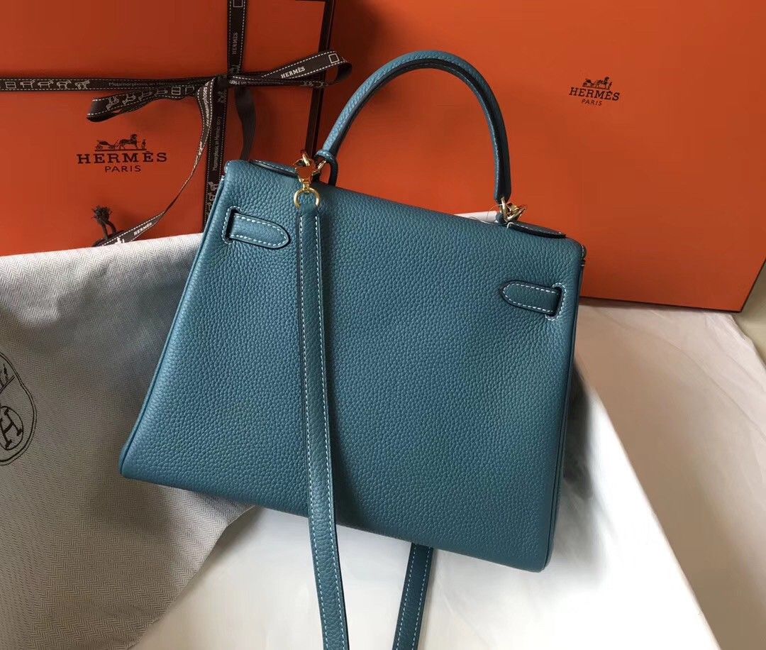 Hermes Kelly 32cm Retourne Bag in Blue Jean Clemence Leather GHW