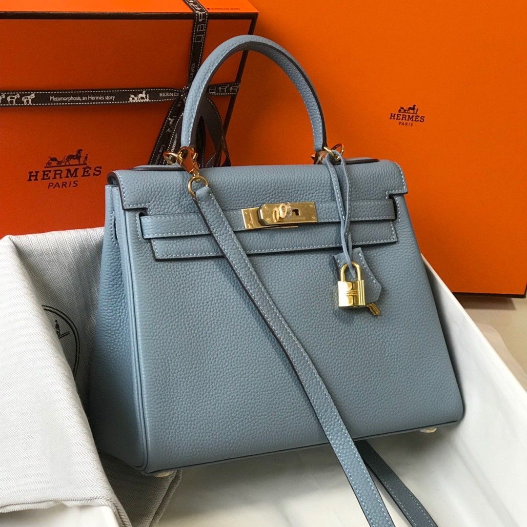 Hermes Kelly 32cm Retourne Bag in Blue Lin Clemence Leather GHW