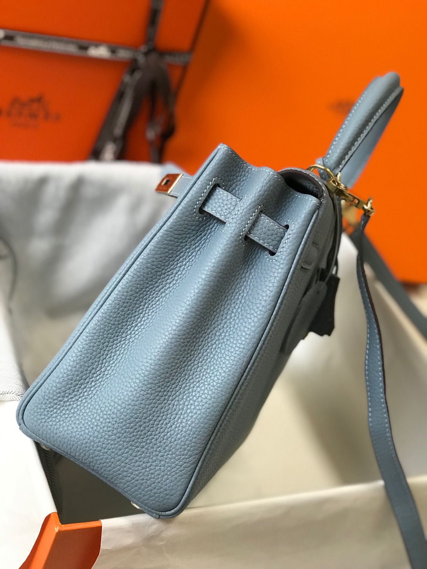 Hermes Kelly 32cm Retourne Bag in Blue Lin Clemence Leather GHW