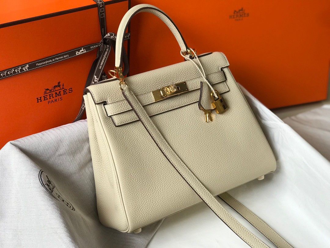 Hermes Kelly 32cm Retourne Bag in Craie Clemence Leather GHW