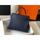 Hermes Kelly 32cm Retourne Bag in Dark Blue Clemence Leather GHW