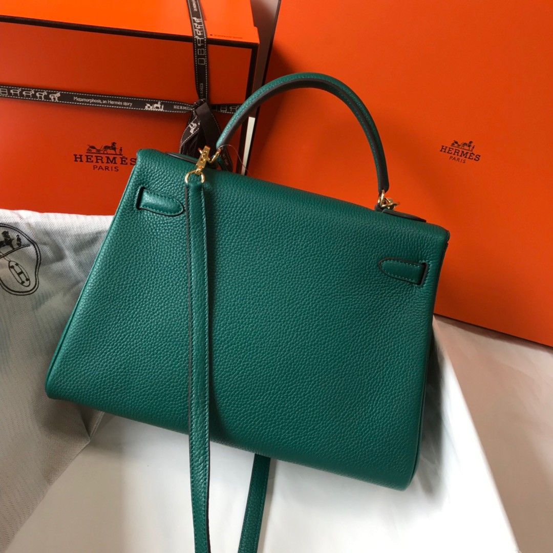 Hermes Kelly 32cm Retourne Bag in Malachite Clemence Leather GHW