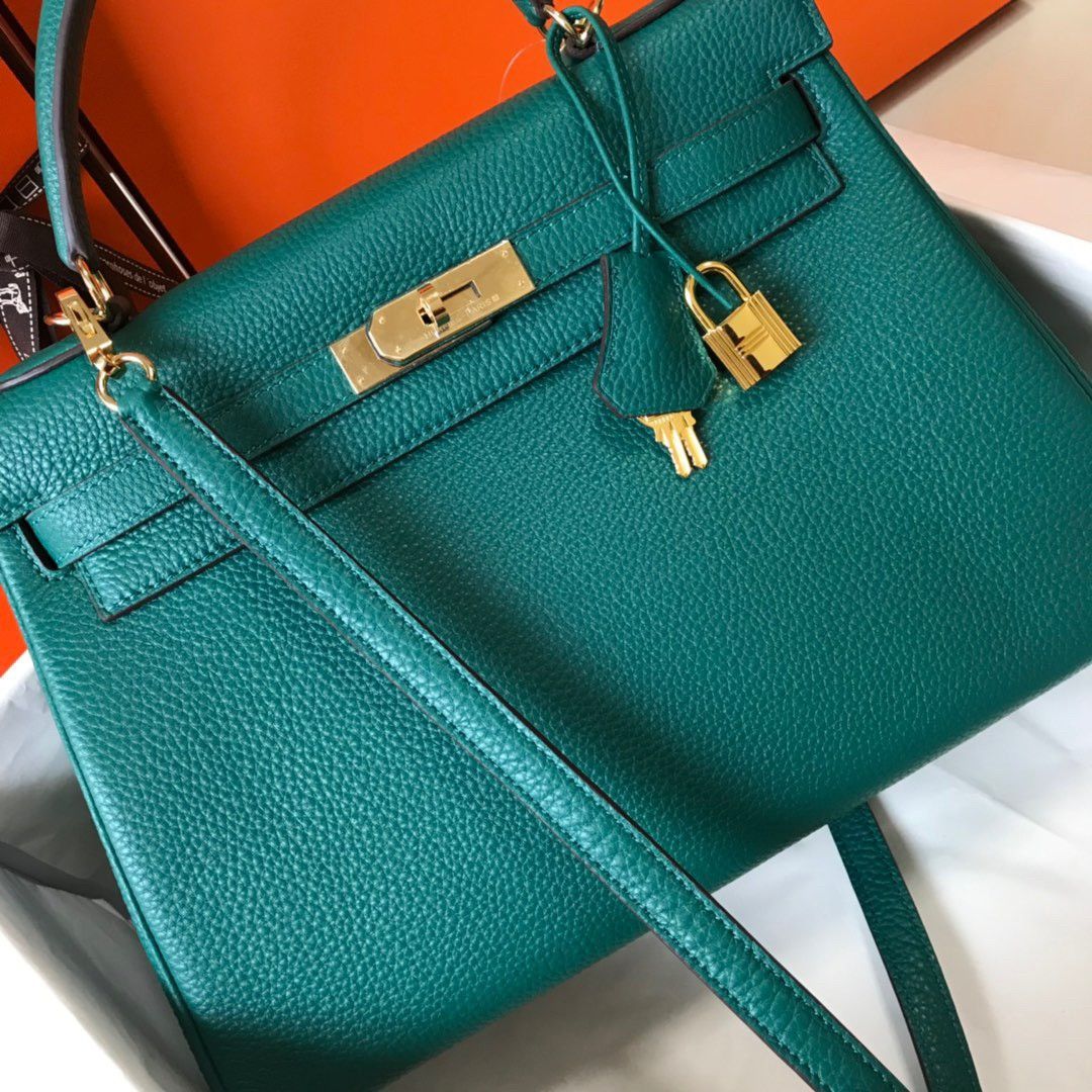 Hermes Kelly 32cm Retourne Bag in Malachite Clemence Leather GHW