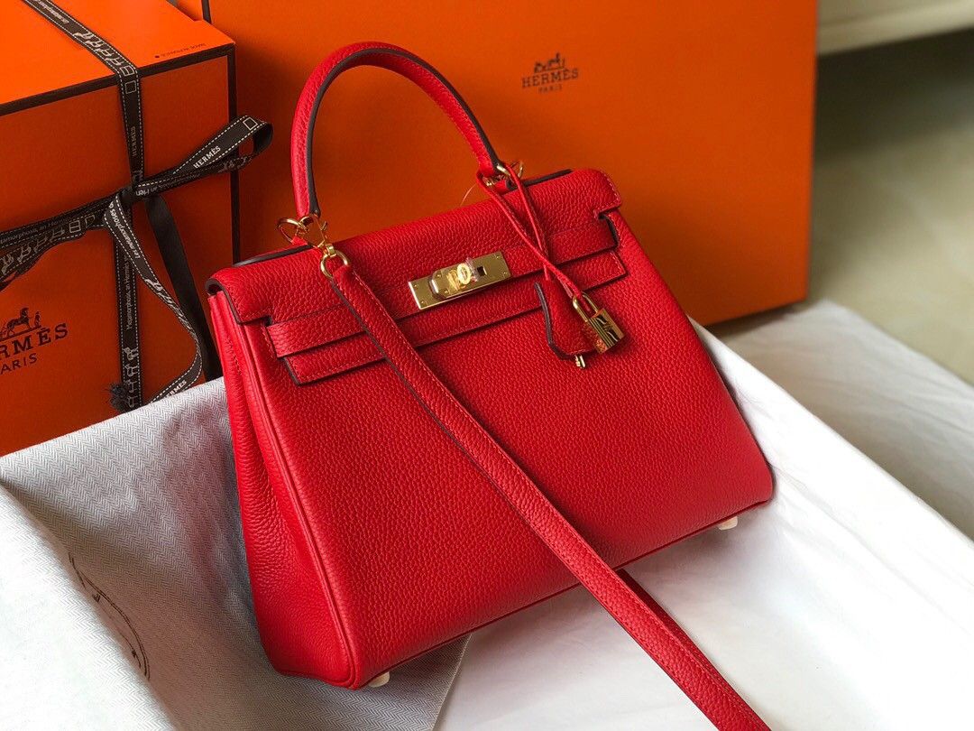 Hermes Kelly 32cm Retourne Bag in Red Clemence Leather GHW