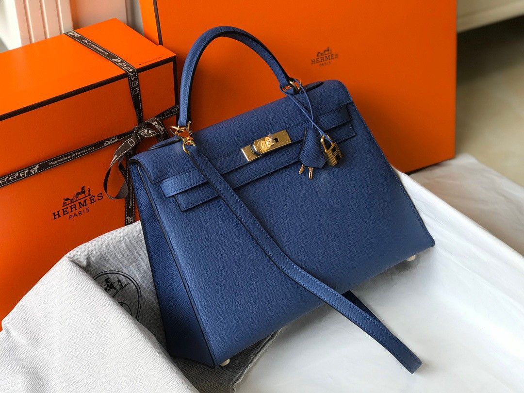 Hermes Kelly 32cm Sellier Bag in Blue Agate Epsom Calfskin GHW