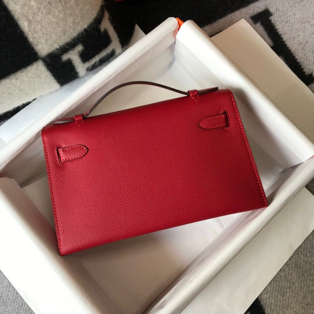 Hermes Kelly Pochette Clutch Bag In Red Epsom Leather