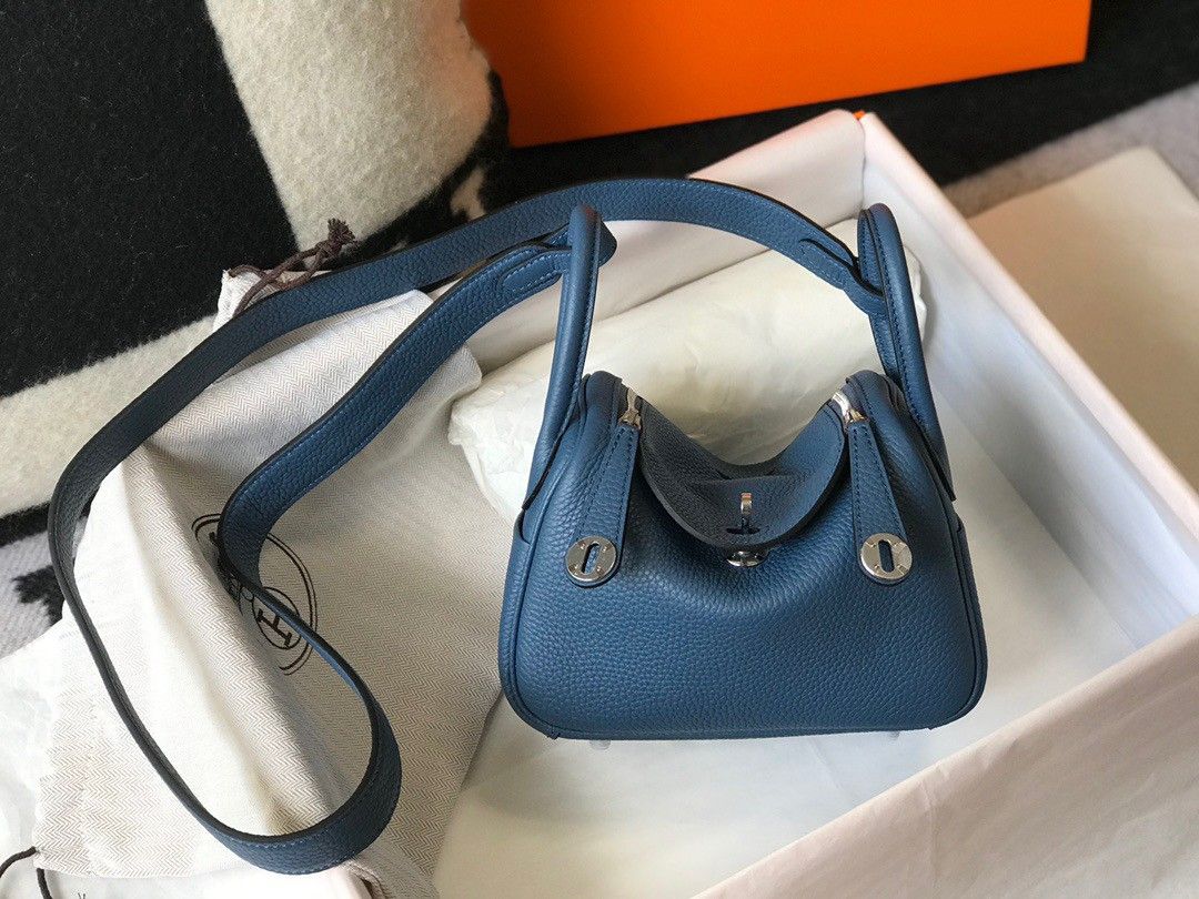 Hermes Lindy Mini Bag In Blue Agate Clemence Leather PHW