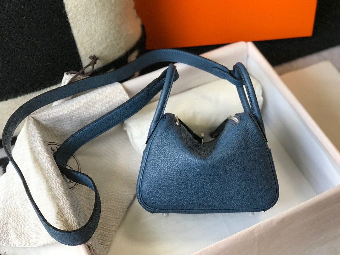 Hermes Lindy Mini Bag In Blue Agate Clemence Leather PHW