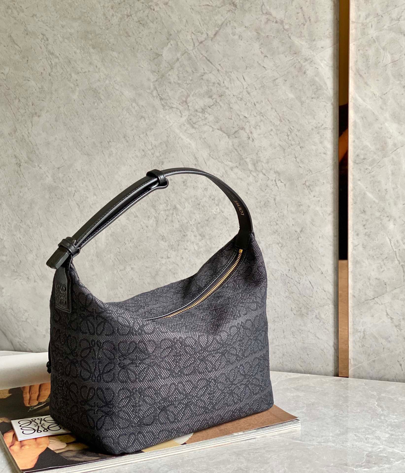 Loewe Cubi Medium Bag in Black Anagram Jacquard