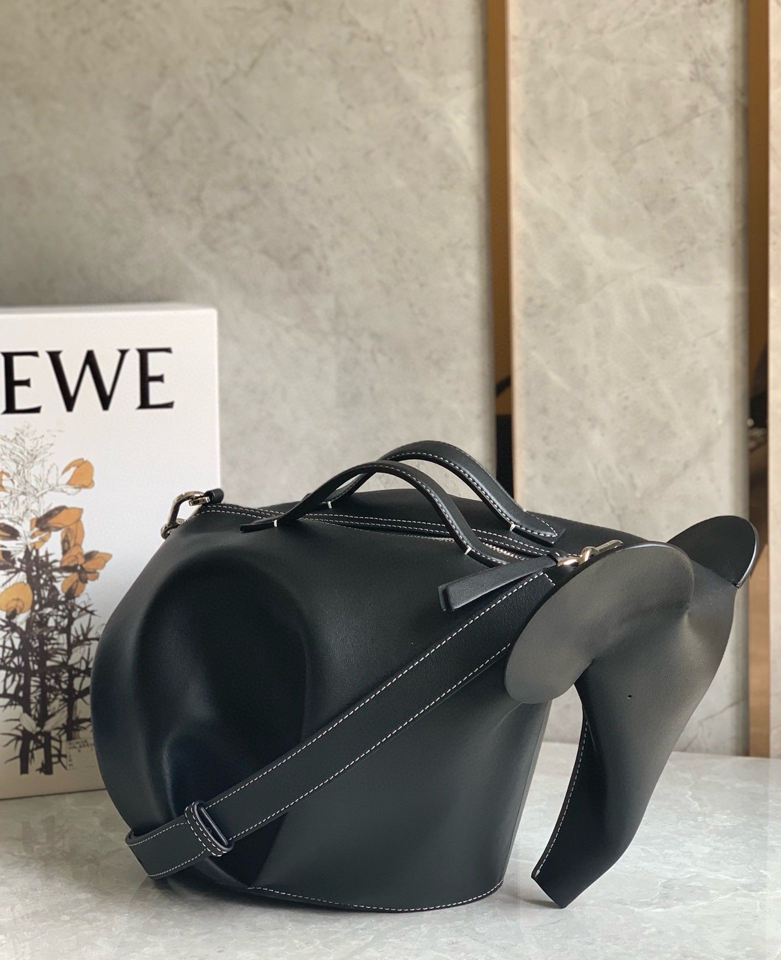 Loewe Large Elephant Bag in Black Calfskin