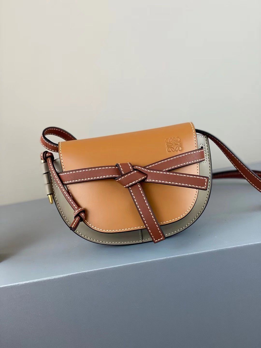 Loewe Gate Dual Mini Bag In Amber-Grey Calfskin