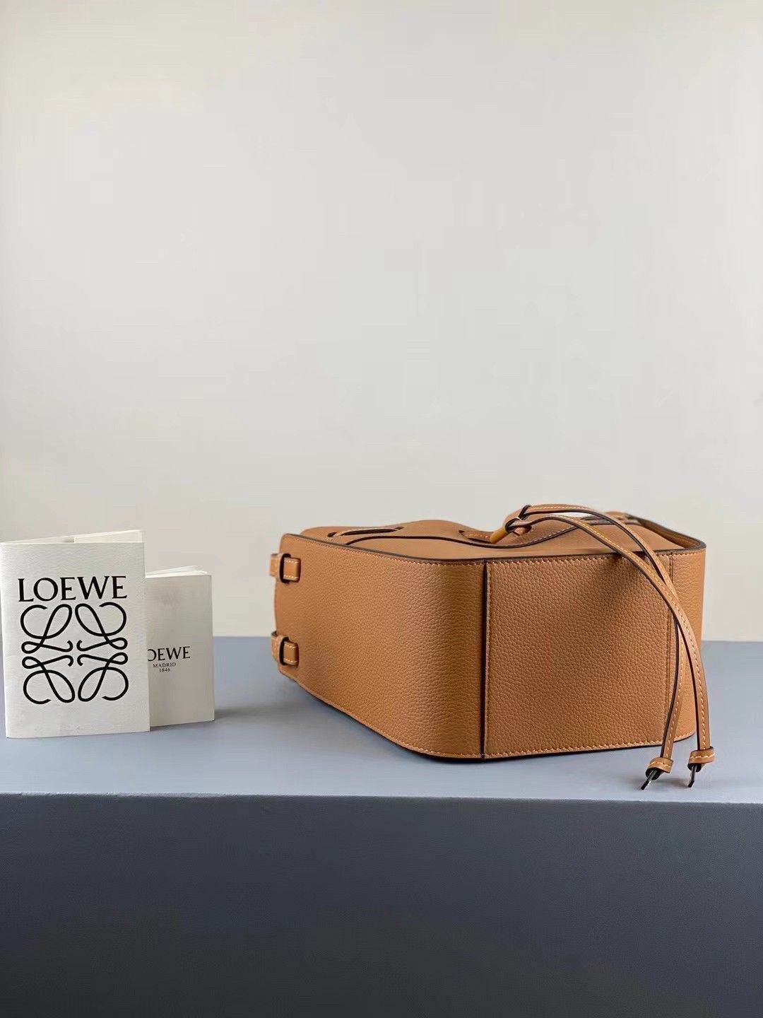 Loewe Mini Hammock Drawstring Bag In Brown Grained Leather