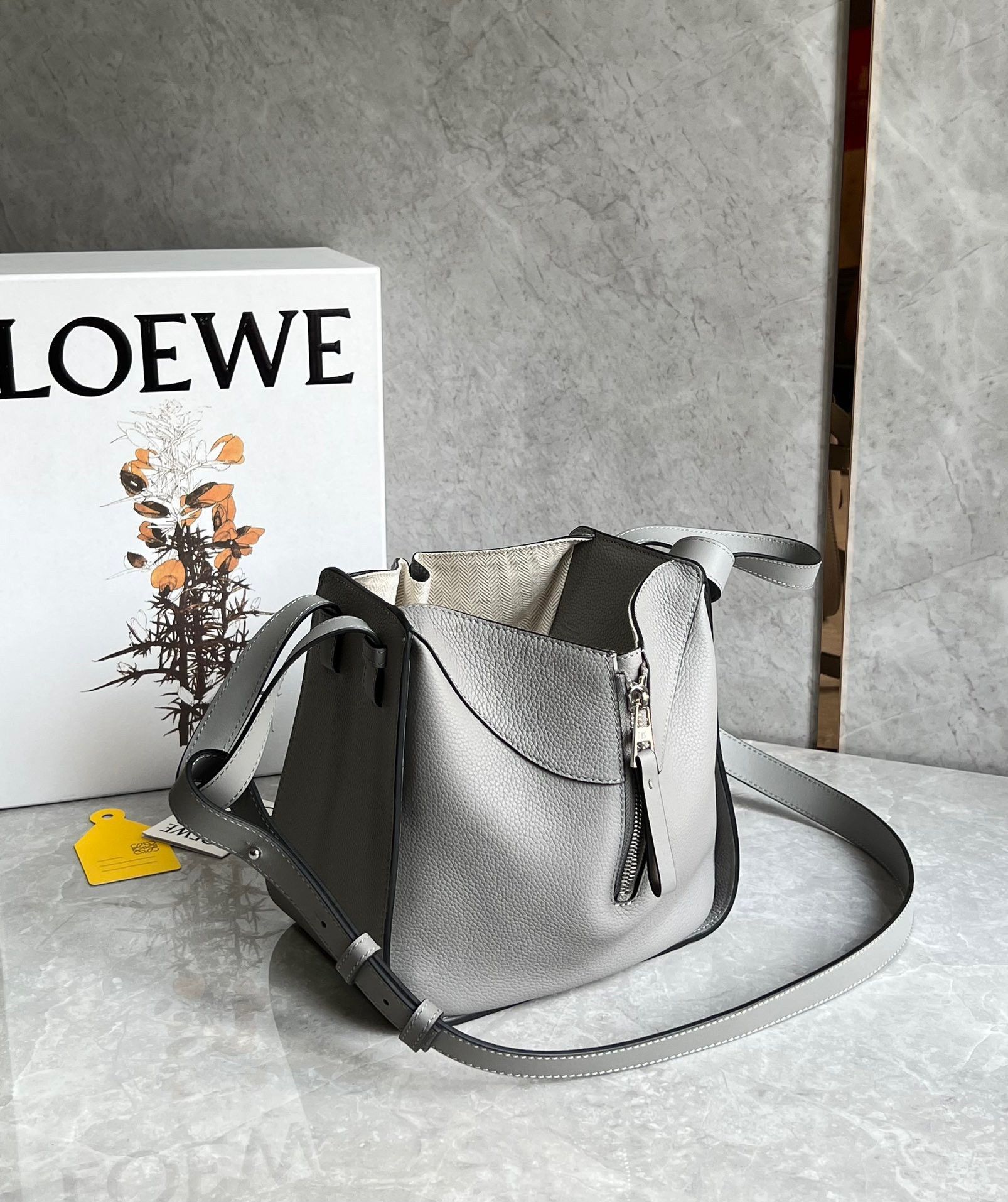 Loewe Compact Hammock Bag in Pearl Grey Grained Calfskin