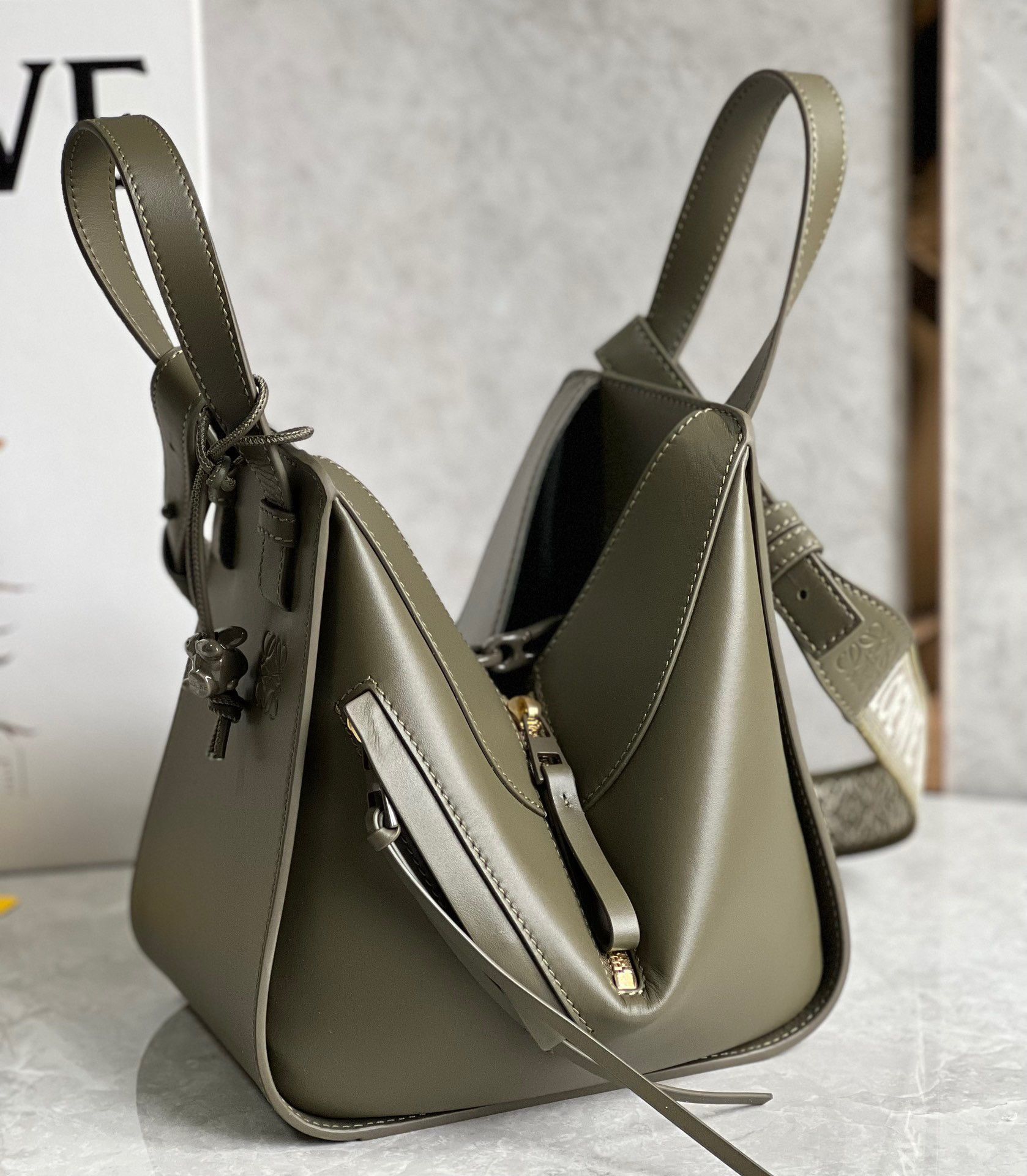 Loewe Compact Hammock Bag in Khaki Green Satin Calfskin