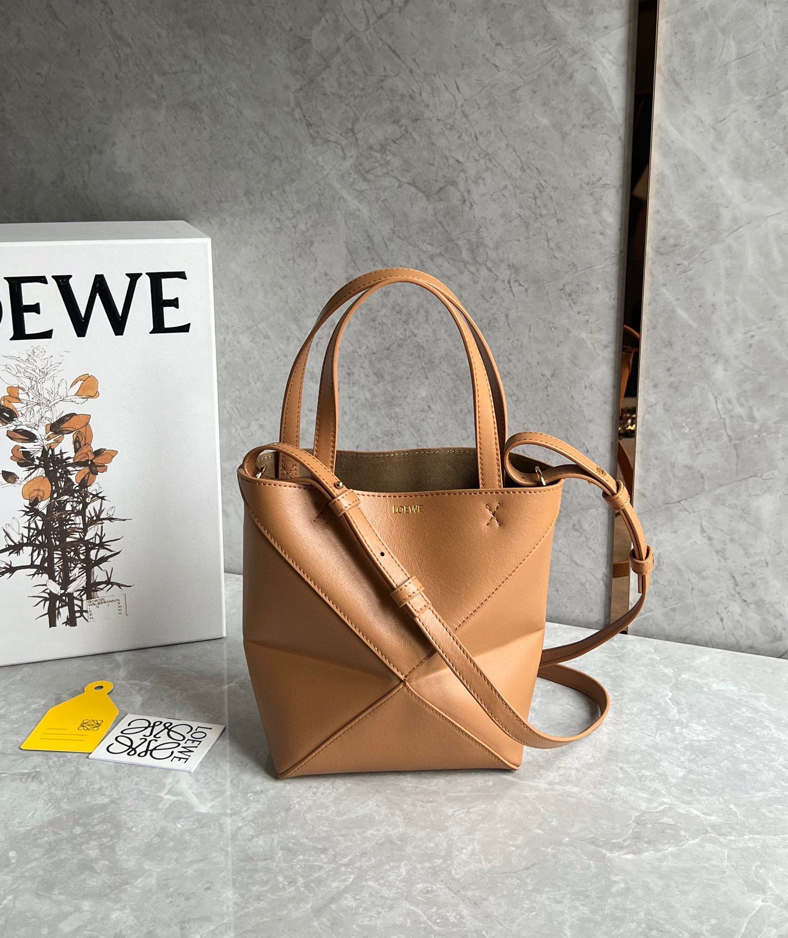 Loewe Mini Puzzle Fold Tote Bag in Tan Calfskin