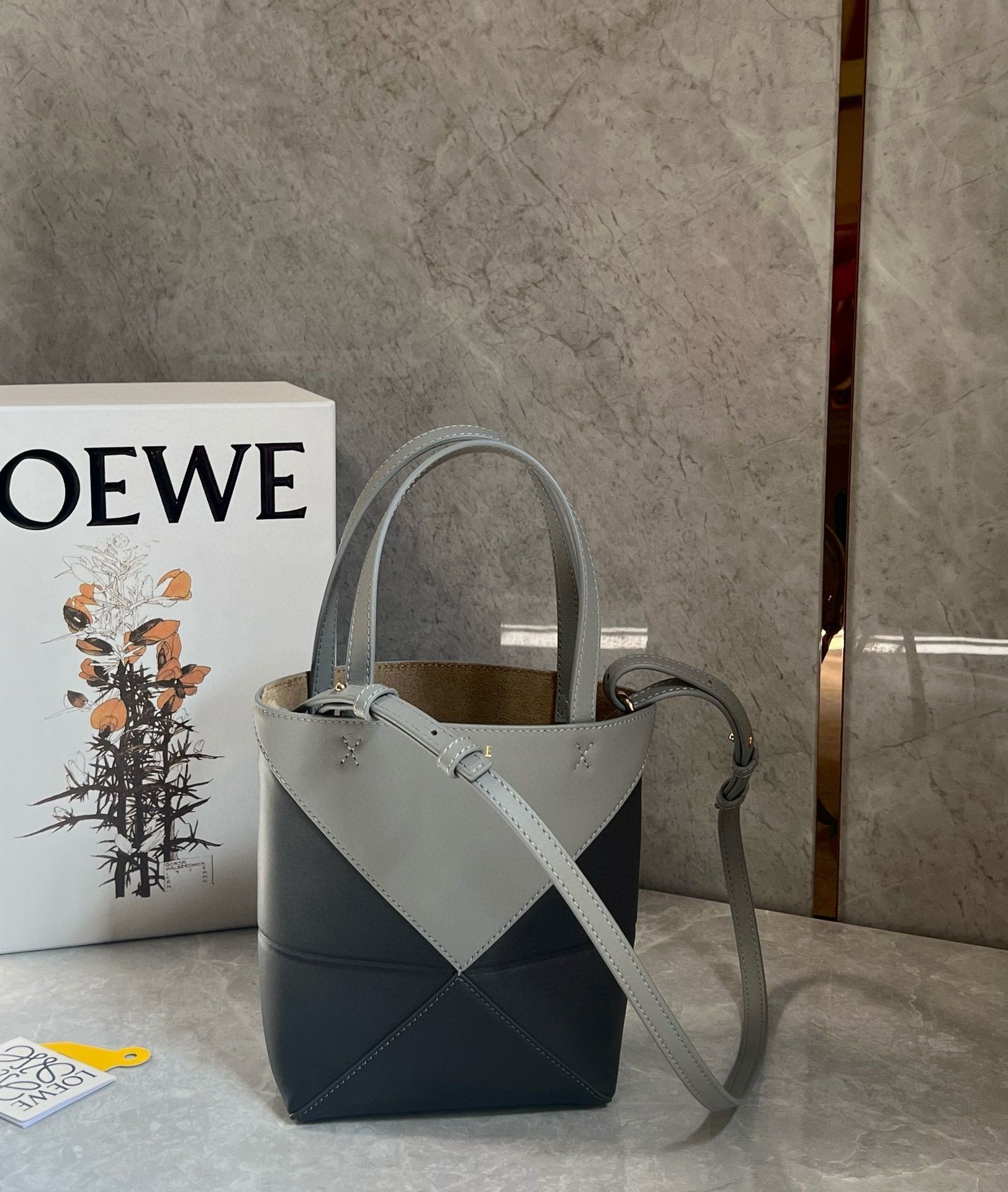 Loewe Mini Puzzle Fold Tote Bag in Grey-Dark Grey Calfskin