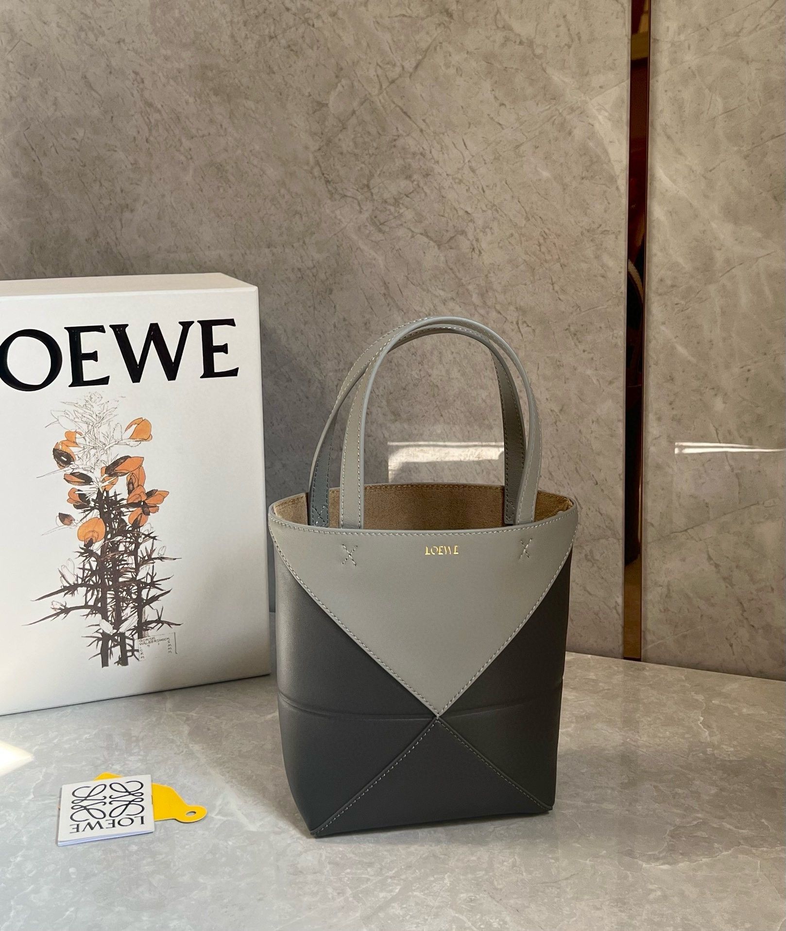 Loewe Mini Puzzle Fold Tote Bag in Grey-Dark Grey Calfskin