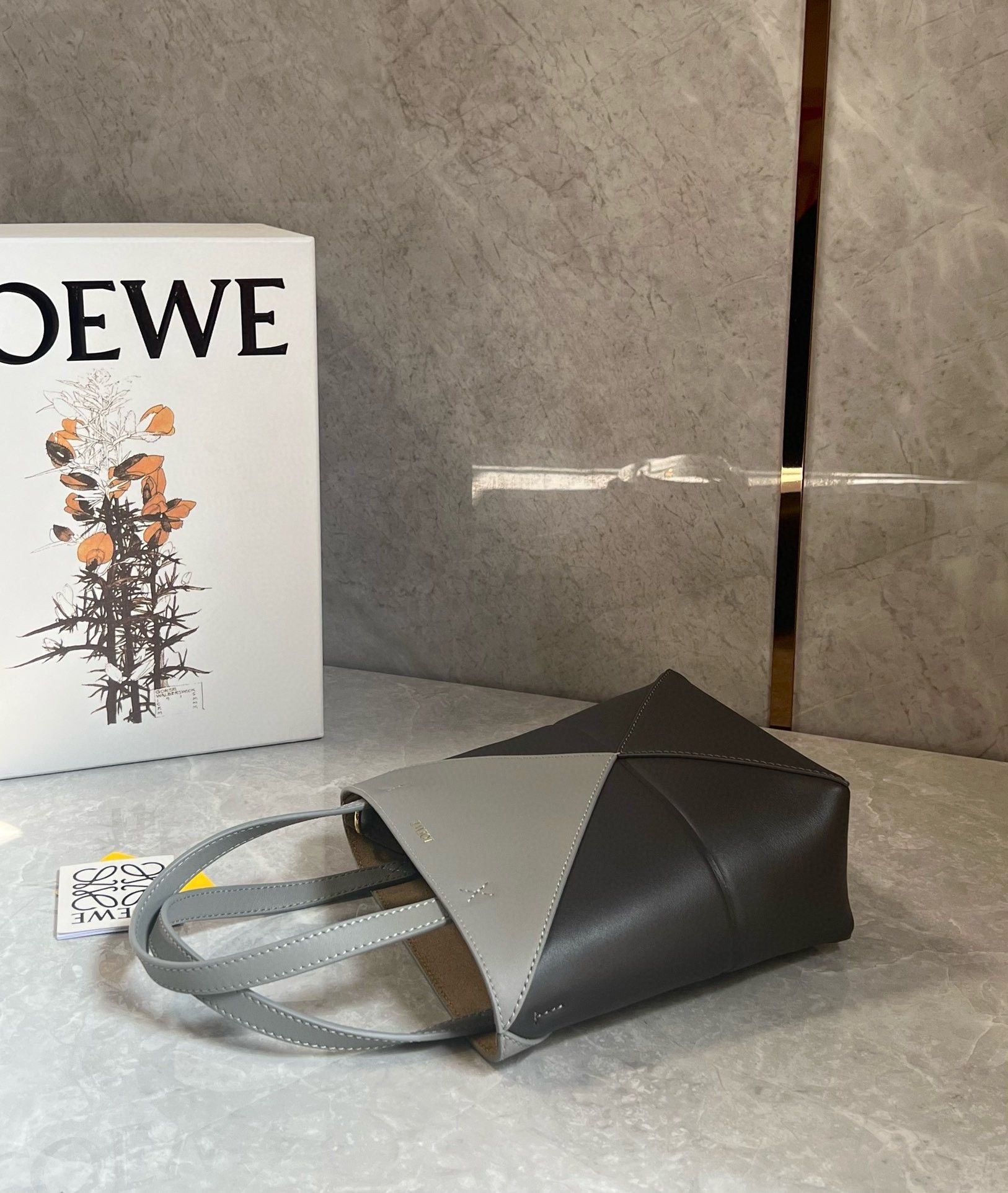 Loewe Mini Puzzle Fold Tote Bag in Grey-Dark Grey Calfskin