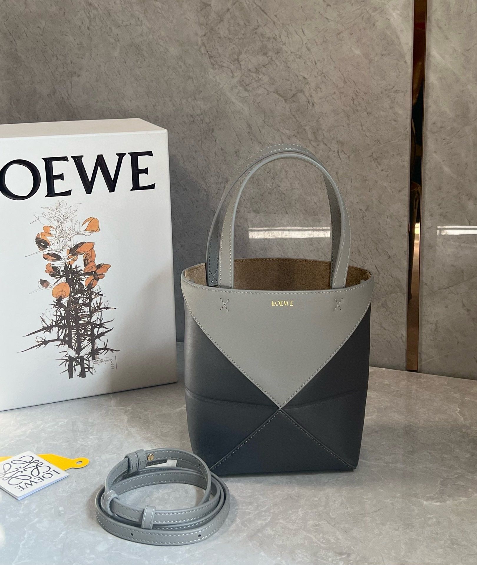 Loewe Mini Puzzle Fold Tote Bag in Grey-Dark Grey Calfskin