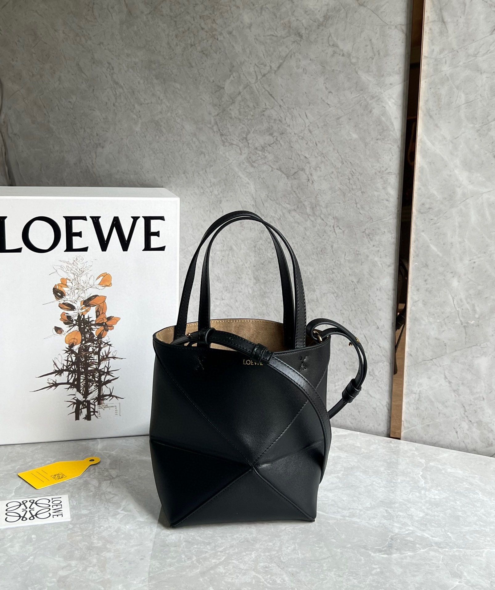 Loewe Mini Puzzle Fold Tote Bag in Black Calfskin