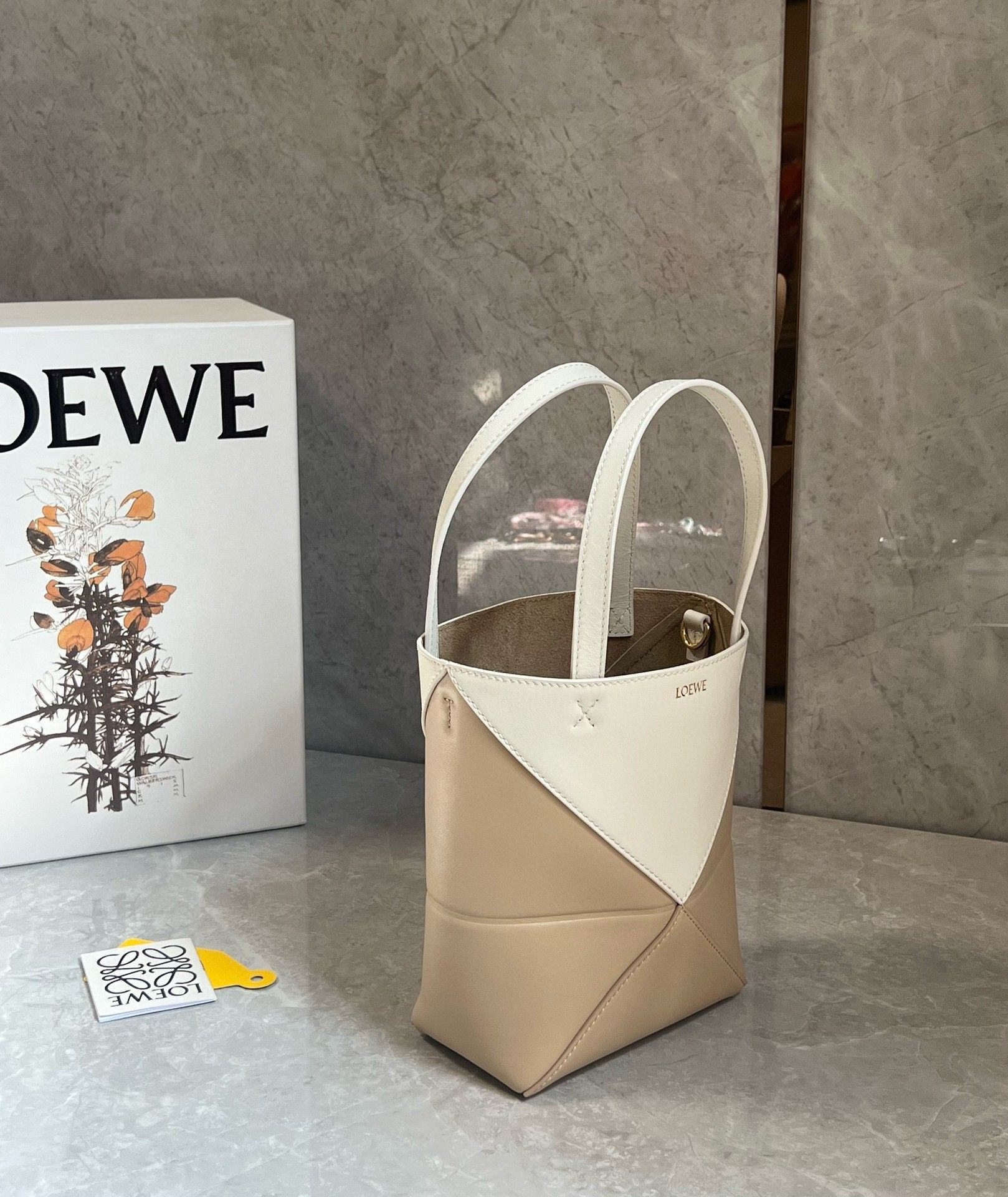 Loewe Mini Puzzle Fold Tote Bag in White-Beige Calfskin