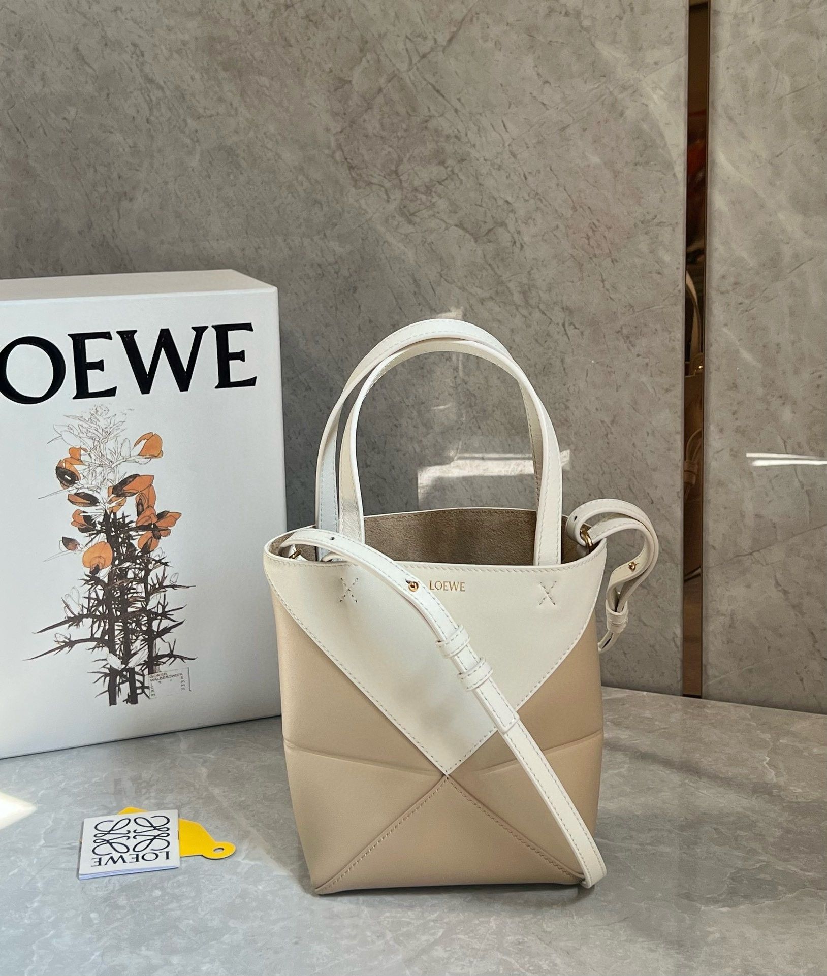 Loewe Mini Puzzle Fold Tote Bag in White-Beige Calfskin