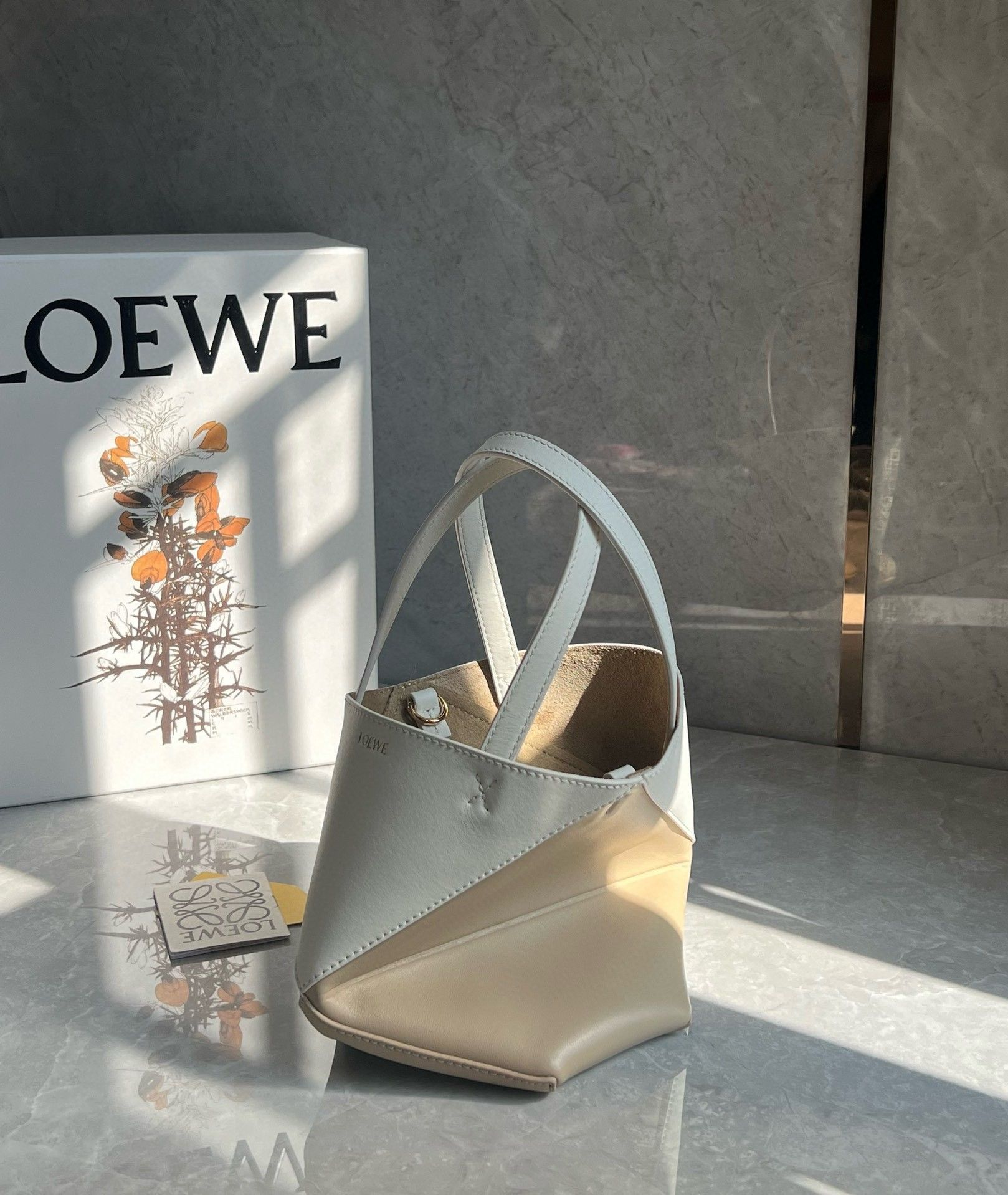 Loewe Mini Puzzle Fold Tote Bag in White-Beige Calfskin