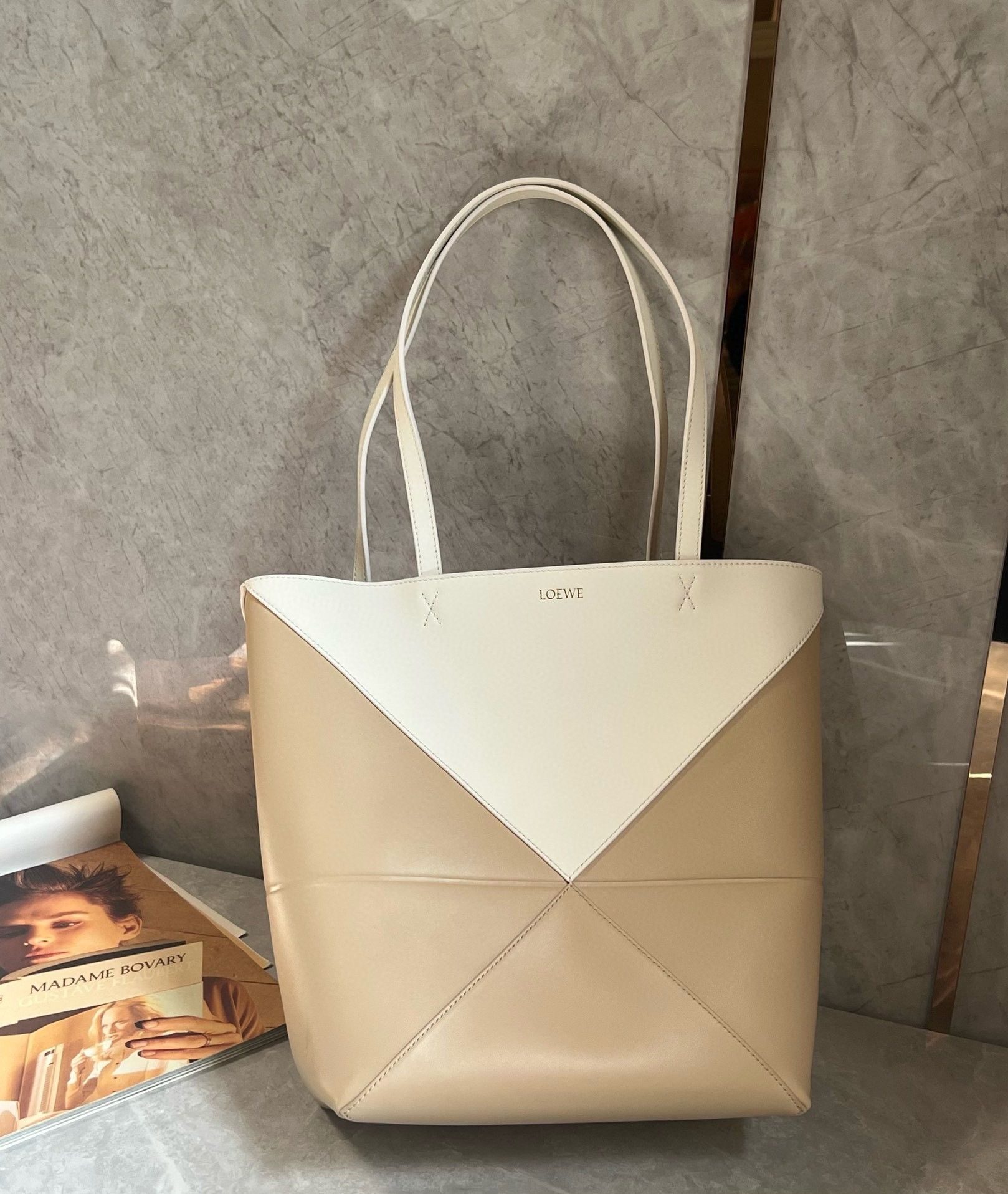 Loewe Medium Puzzle Fold Tote Bag in White-Beige Calfskin