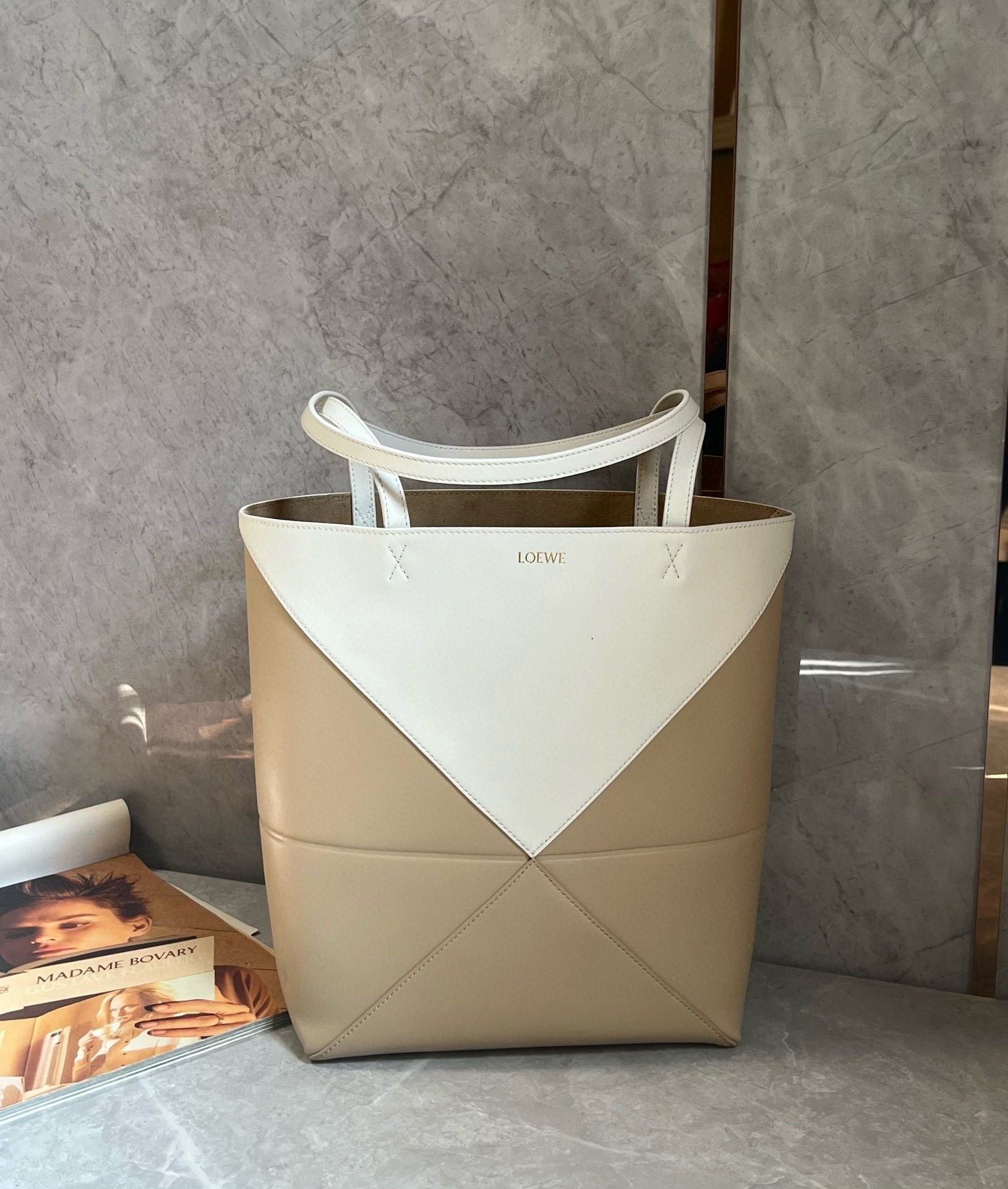 Loewe Medium Puzzle Fold Tote Bag in White-Beige Calfskin