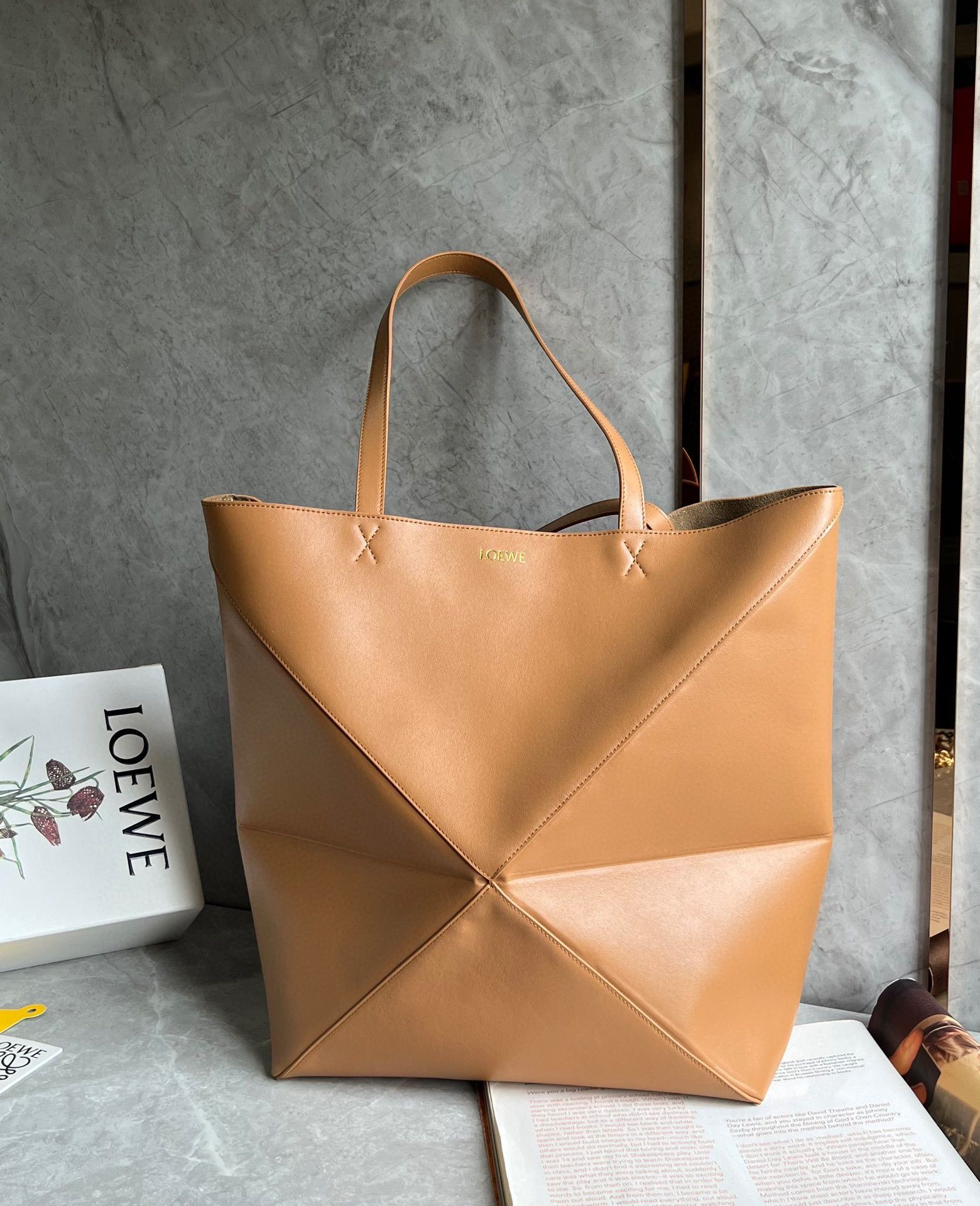 Loewe Large Puzzle Fold Tote Bag in Tan Calfskin