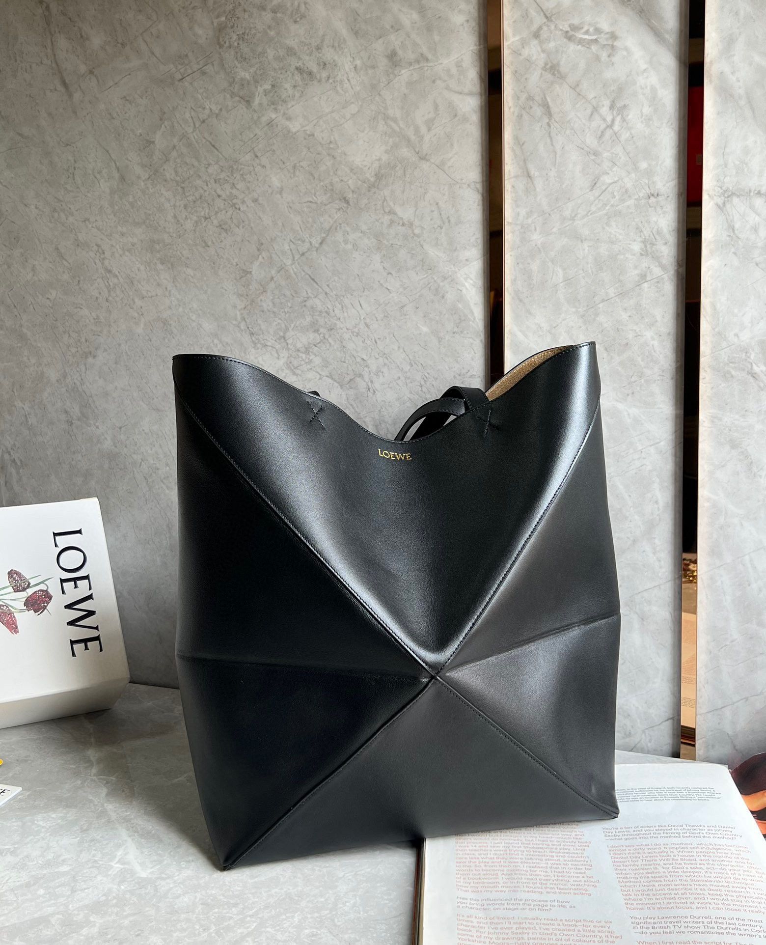 Loewe Large Puzzle Fold Tote Bag in Black Calfskin