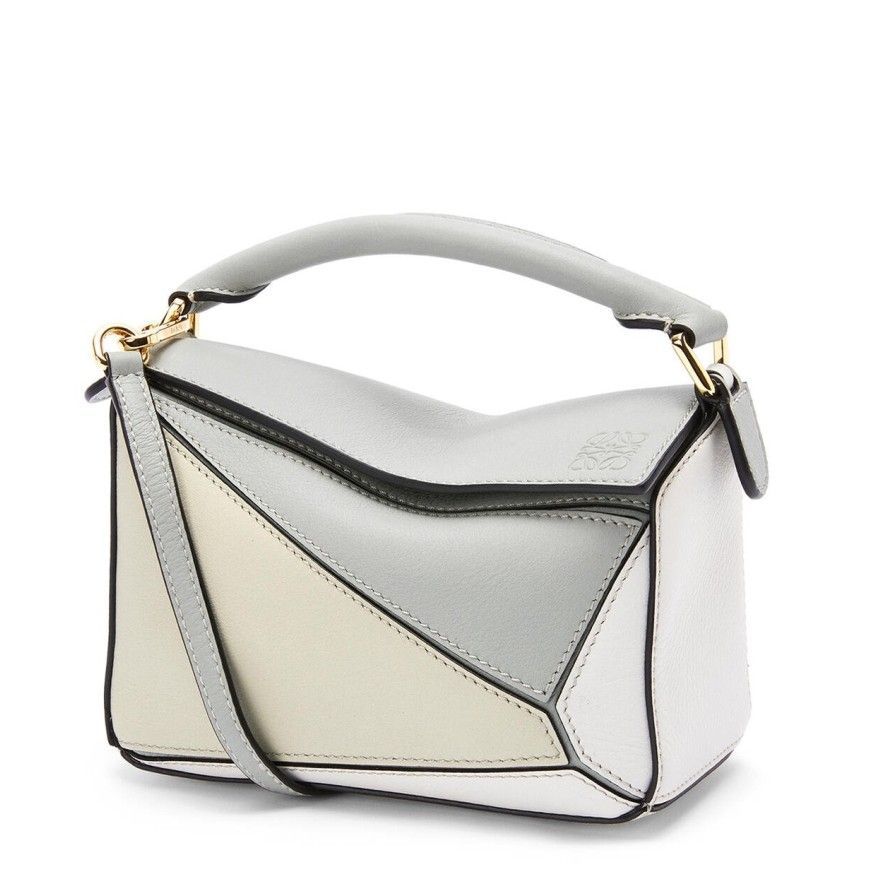 Loewe Puzzle Mini Bag In Grey-Cream-White Calfskin