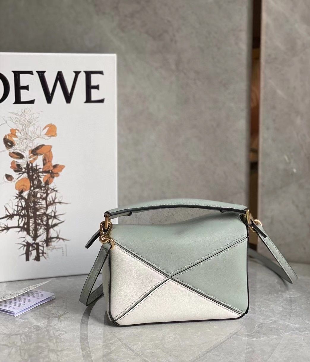 Loewe Puzzle Mini Bag In Grey-Cream-White Calfskin