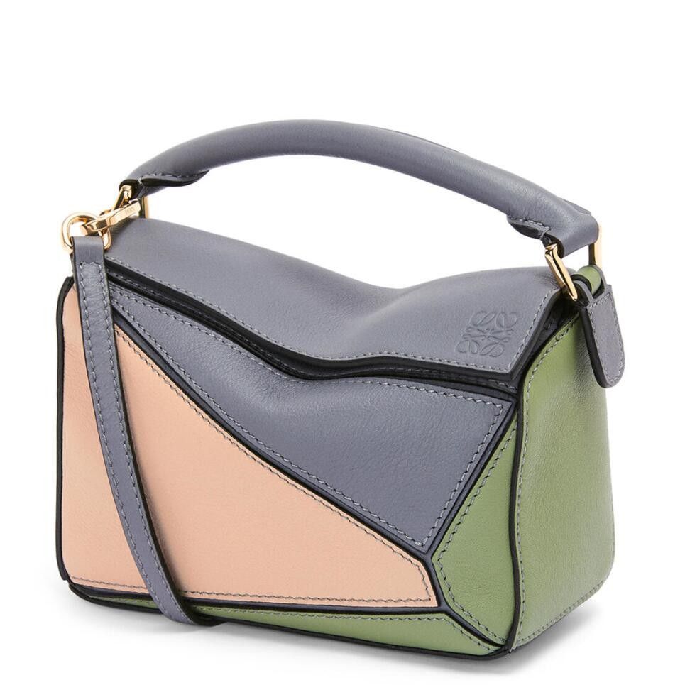 Loewe Puzzle Mini Bag In Asphalt Grey-Nude-Green Calfskin