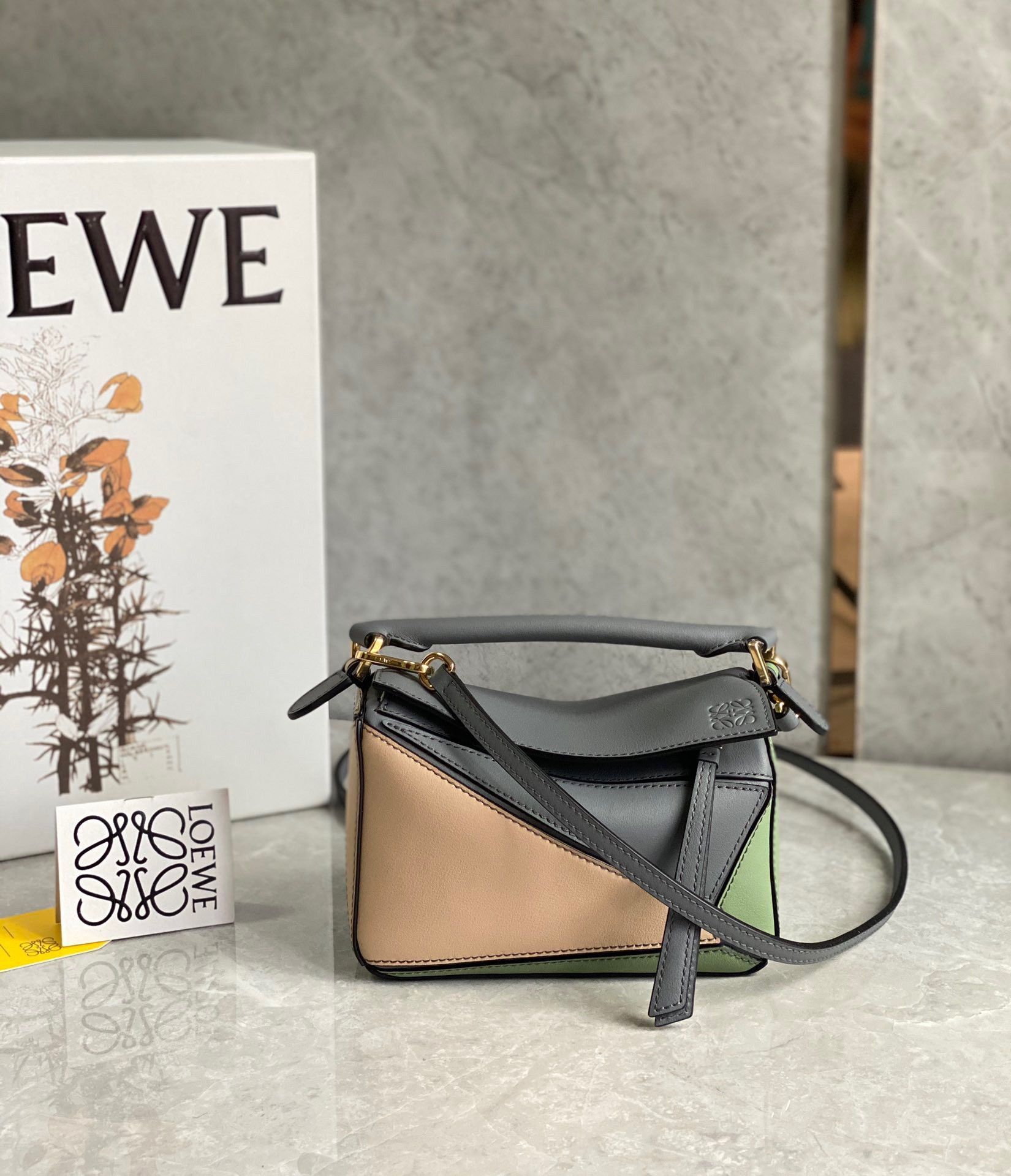 Loewe Puzzle Mini Bag In Asphalt Grey-Nude-Green Calfskin