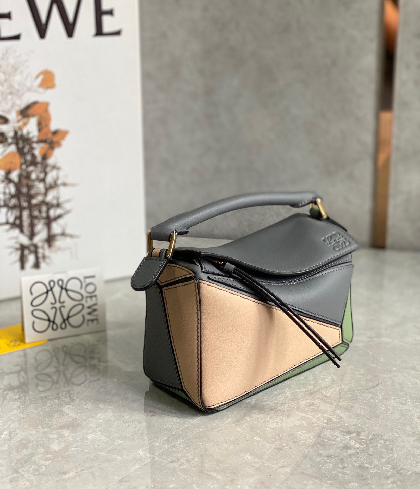 Loewe Puzzle Mini Bag In Asphalt Grey-Nude-Green Calfskin