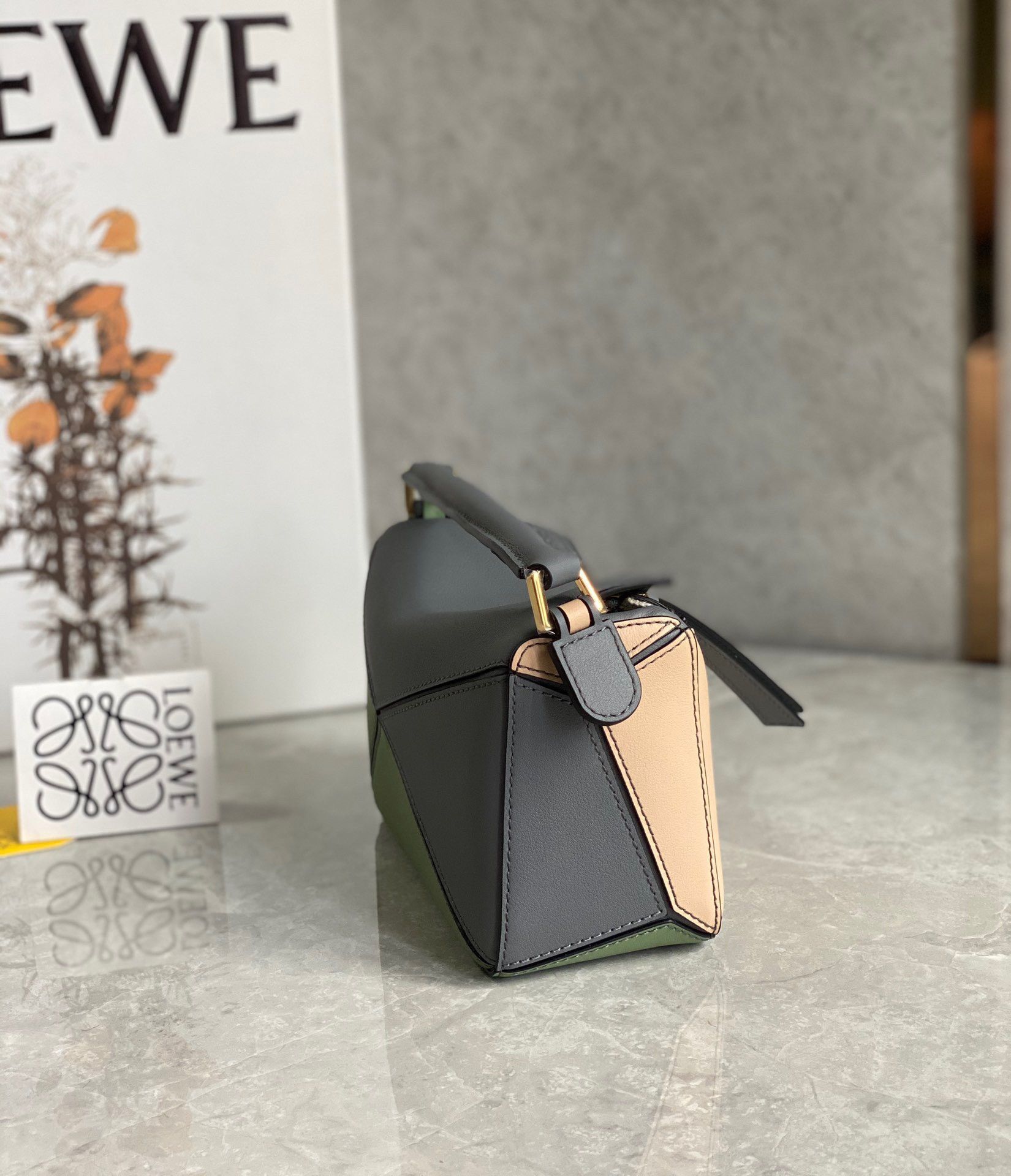 Loewe Puzzle Mini Bag In Asphalt Grey-Nude-Green Calfskin