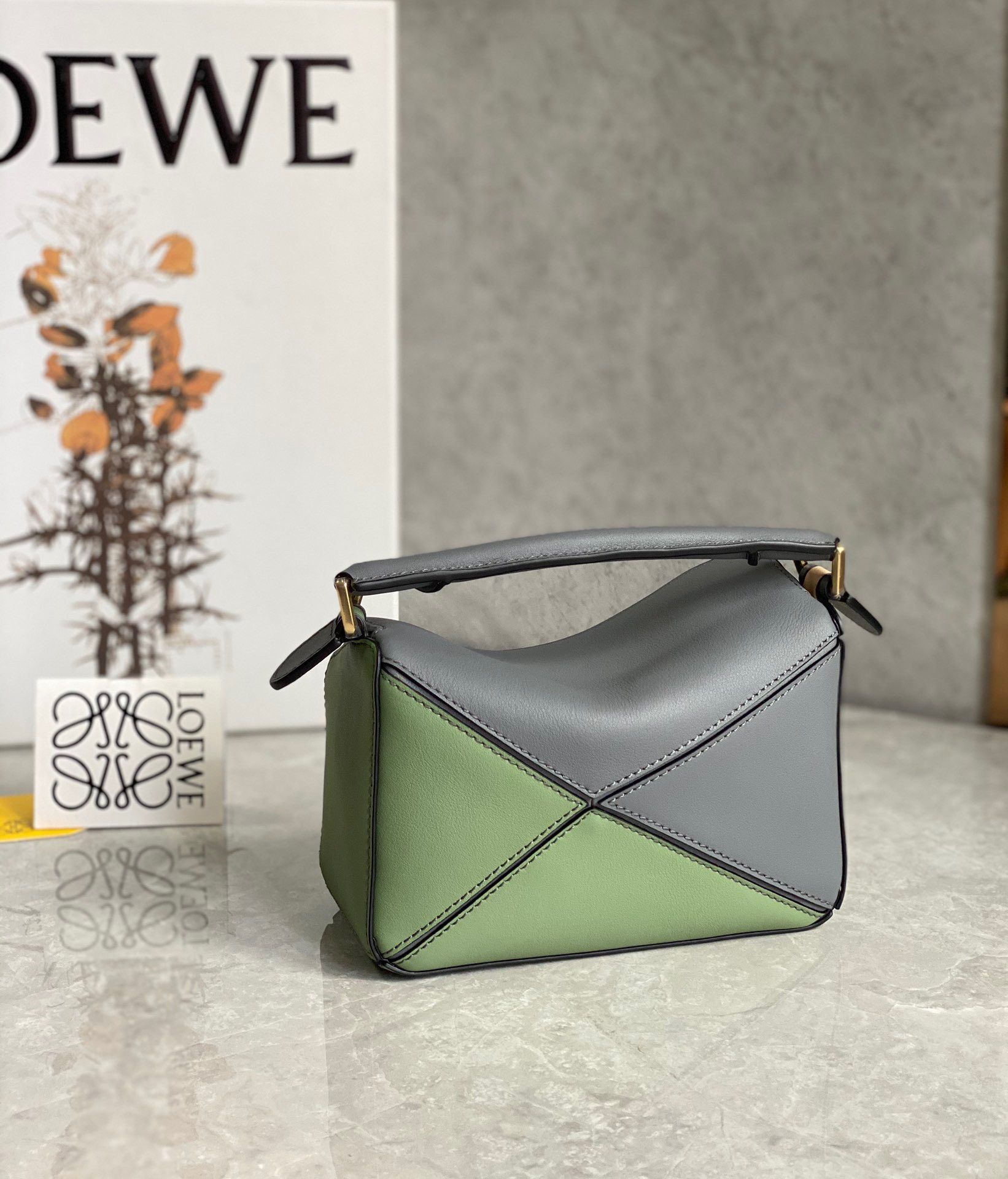 Loewe Puzzle Mini Bag In Asphalt Grey-Nude-Green Calfskin