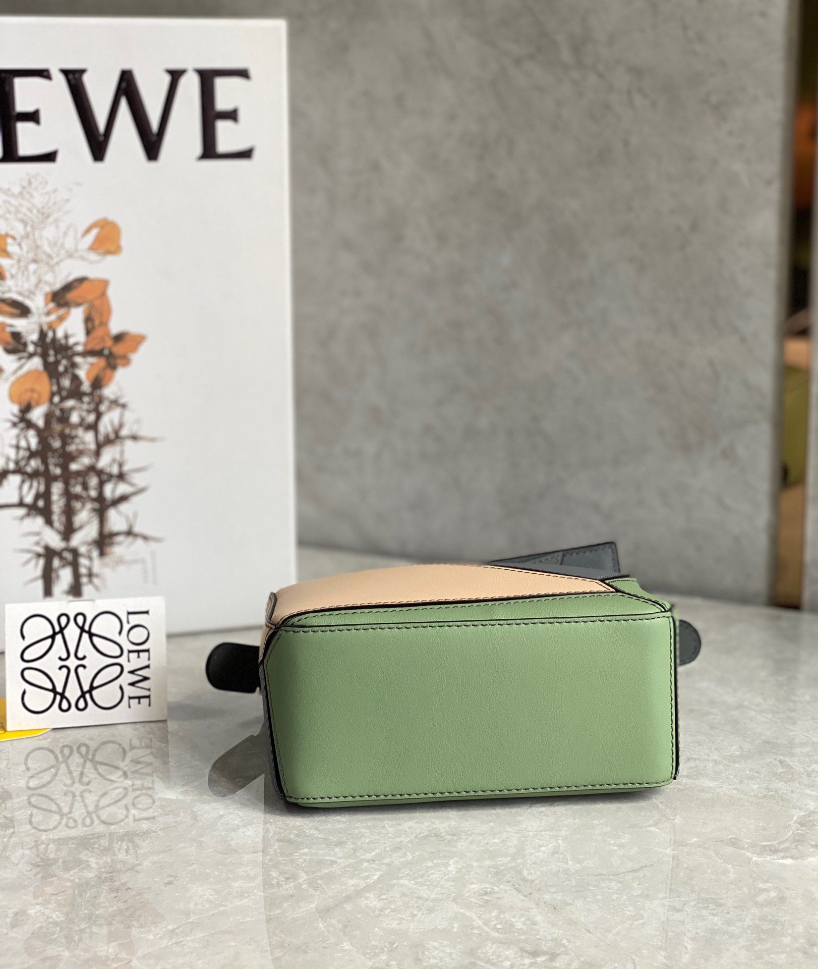 Loewe Puzzle Mini Bag In Asphalt Grey-Nude-Green Calfskin