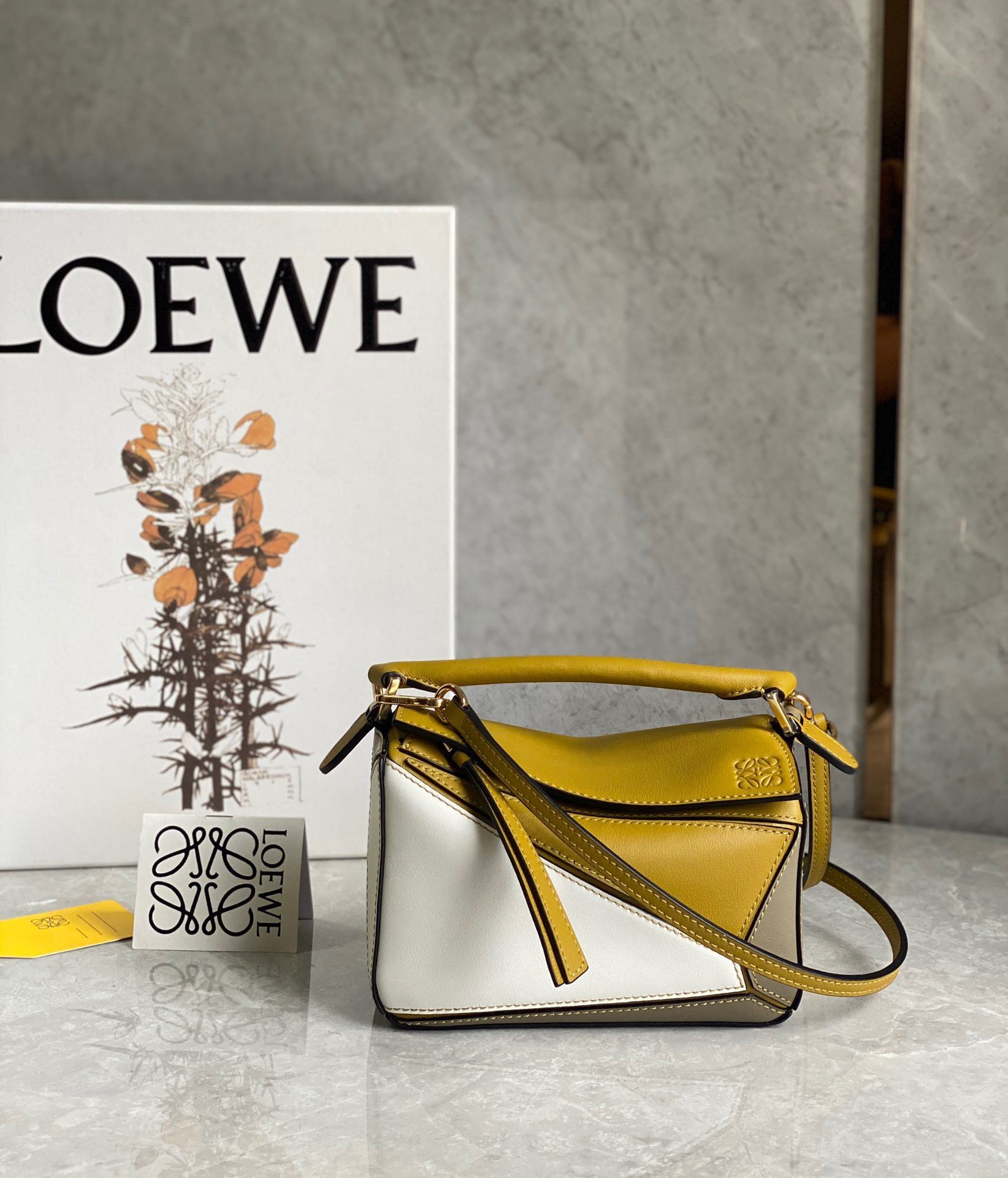 Loewe Puzzle Mini Bag In Ochre-White-Taupe Calfskin