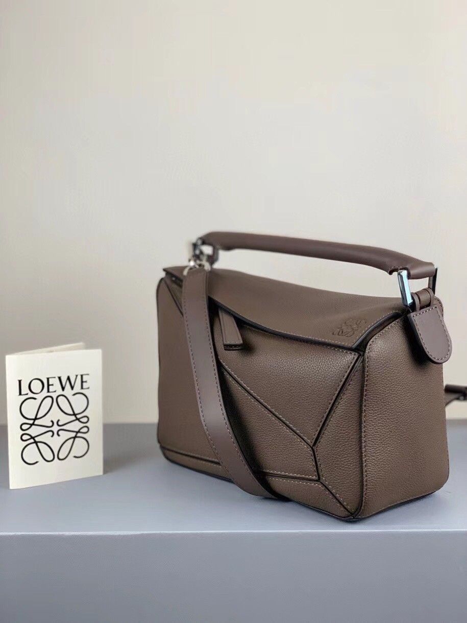 Loewe Puzzle Small Bag In Dark Taupe Grained Calfskin