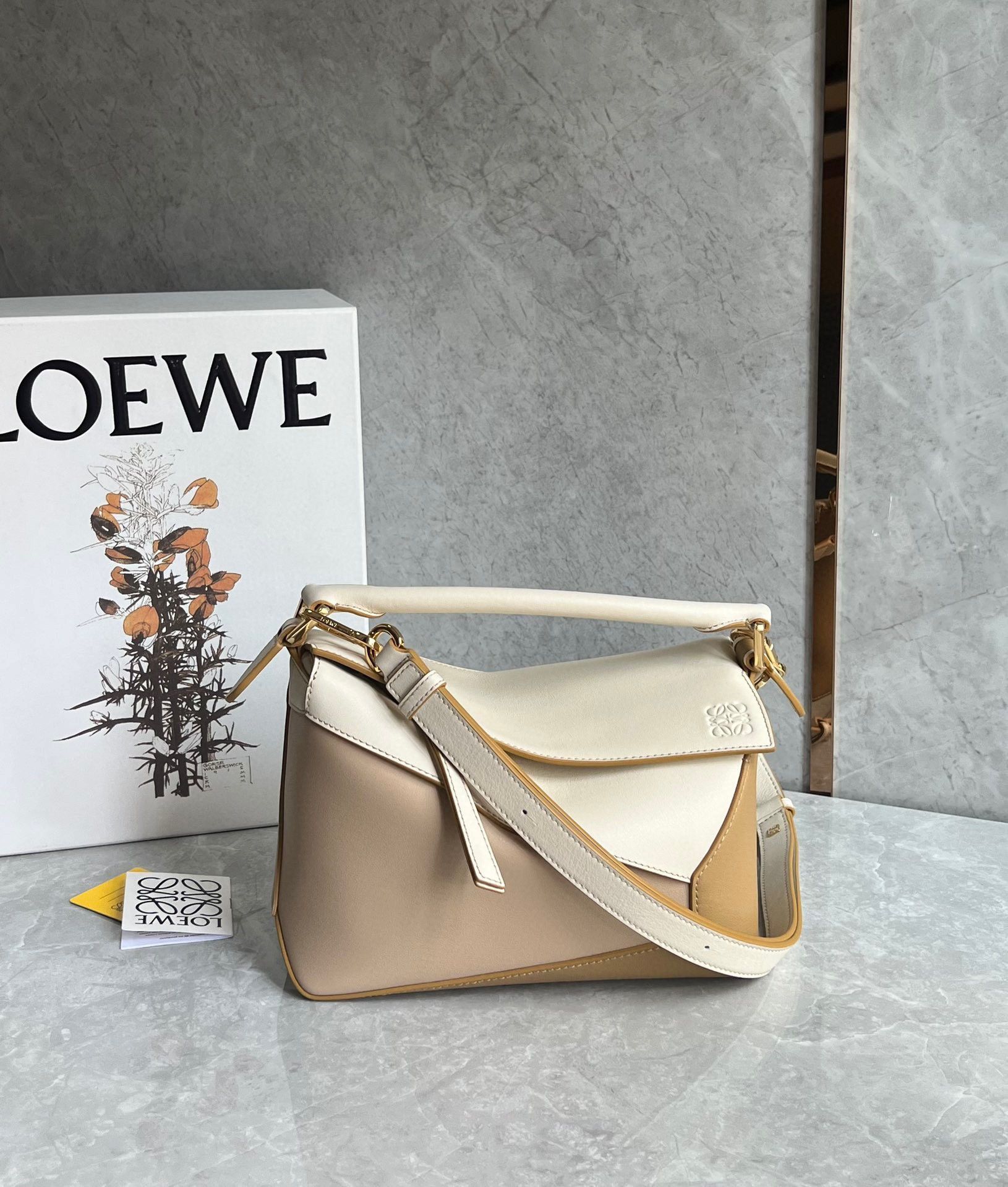 Loewe Puzzle Small Bag in Multicolor Angora and Beige Calfskin