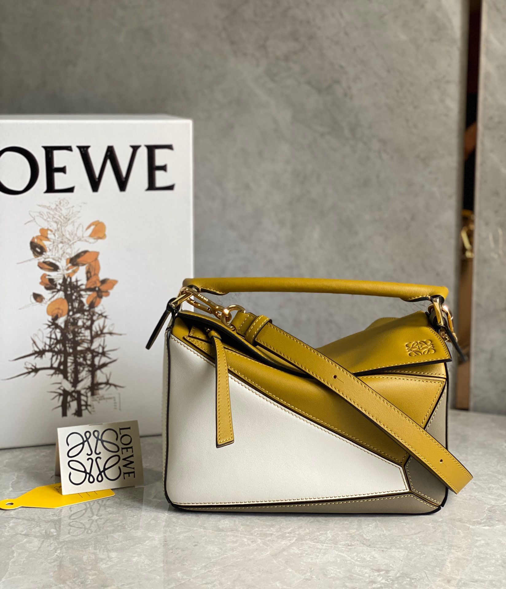 Loewe Puzzle Small Bag In Ochre-White-Taupe Calfskin