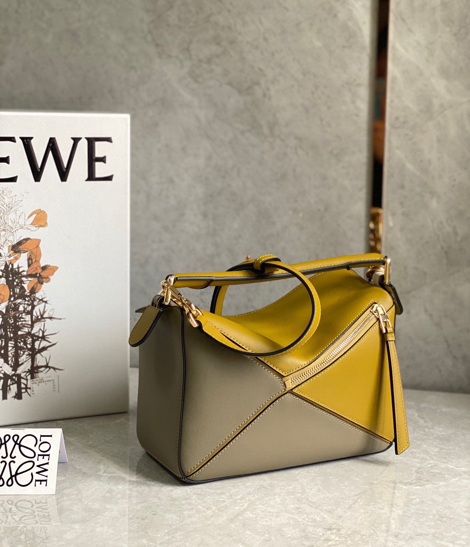 Loewe Puzzle Small Bag In Ochre-White-Taupe Calfskin