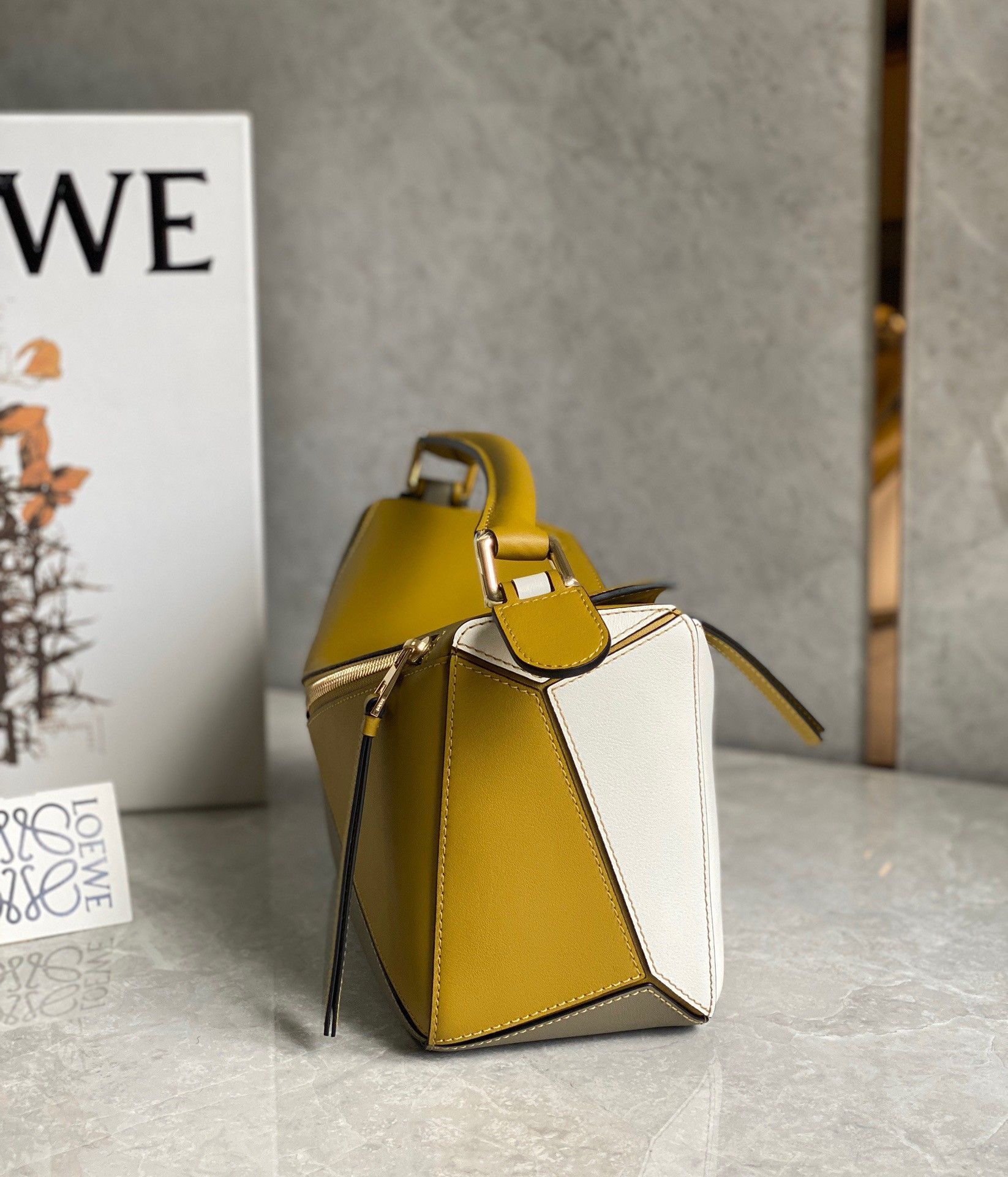 Loewe Puzzle Small Bag In Ochre-White-Taupe Calfskin