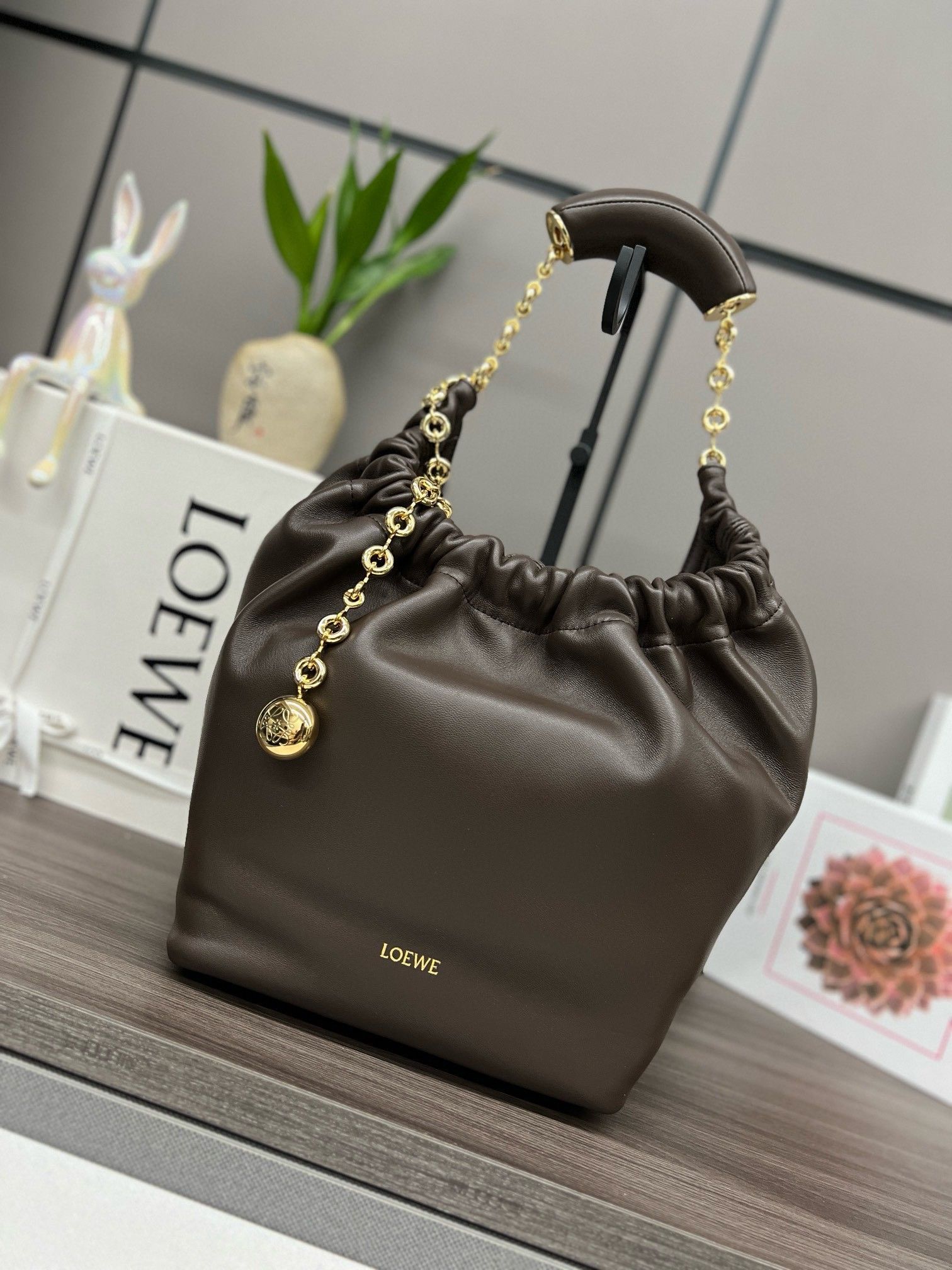 Loewe Small Squeeze Bag in Chocolate Nappa Lambskin